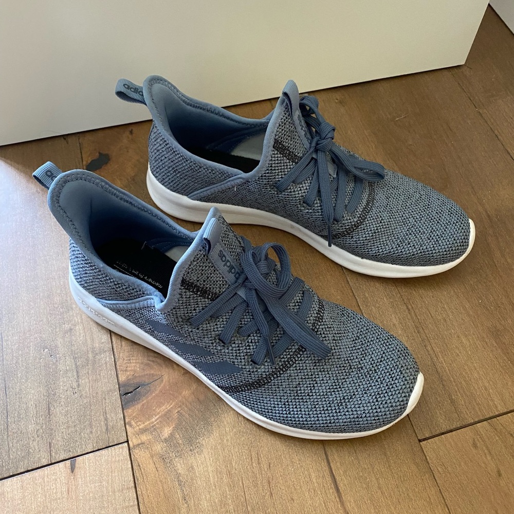 Adidas blue sneakers.